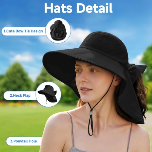 Womens Ponytail Hole Sun Hat with Neck Flap Outdoor UPF 50+ - color: Black