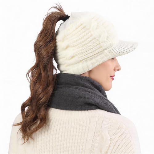 Women's BeanieTail Warm Knit Hat Messy High Bun Ponytail Visor Beanie Cap - color: B340-ivory, size: Medium