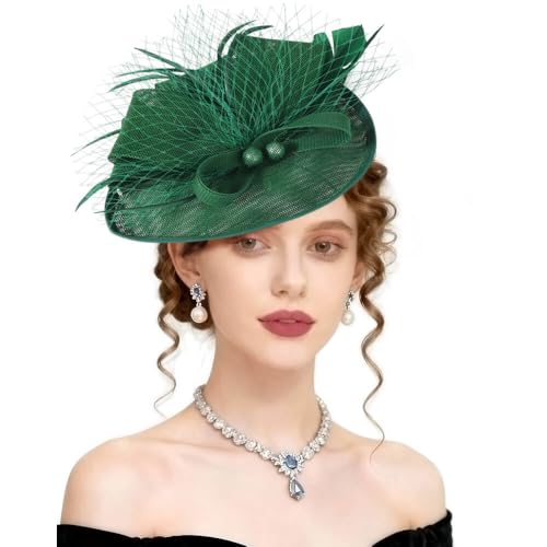 AQOKKA Women Fascinators Hats Flower Mesh Feathers Headband Clip - color: 1 Pc Feather Fascinators : Green