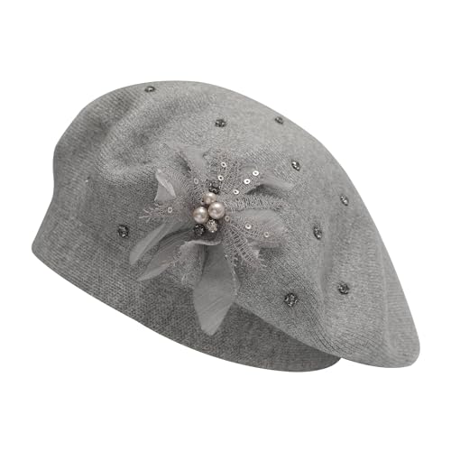 ZLYC Women French Beret Hat Reversible Solid Color Mosaic Warm Artist Cap - color: Bead Flower Gray