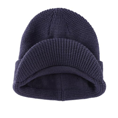 Home Prefer Mens Wool Blend Winter Hat Double-Layer Warm Knit Pre-Curve Visor Beanie Brimmed Beanies Hat for Men Women - color: Navy Blue