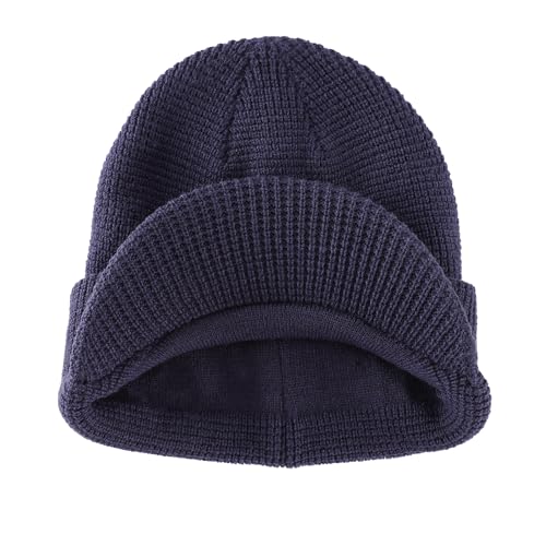 Home Prefer Mens Wool Blend Winter Hat Double-Layer Warm Knit Pre-Curve Visor Beanie Brimmed Beanies Hat for Men Women - color: Navy Blue