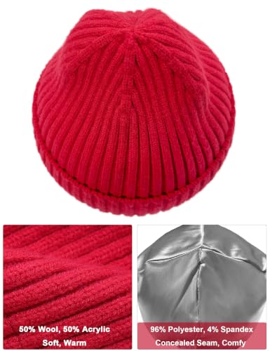 Satin Lined Wool Acrylic Blend Beanie Hat Women Men, Winter Knit Cap - color: Red