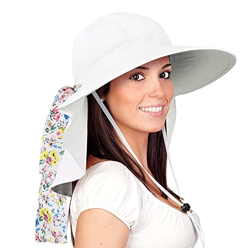 Solaris UPF 50+ Wide Brim Sun Hat for Women - Small Size Packable Lightweight, Floral Scarf Cooling Hat with Neck Flap - color: White