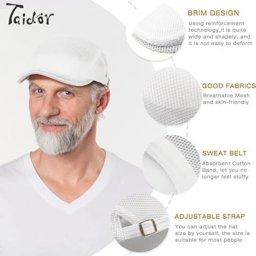 2 Pack Men's Mesh Cap Breathable Summer Newsboy Hat Adjustable Beret Ivy Cap Irish Cabbie Driving Hunting Hats - color: White/White
