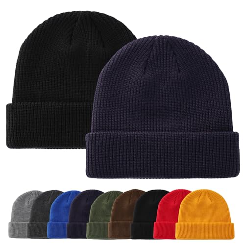 Connectyle 2 Pack Classic Cuffed Beanie Hat for Men & Women Warm Winter Knit Hat Thick Beanies Skull Cap Acrylic Watch Cap - color: Black+navy Blue