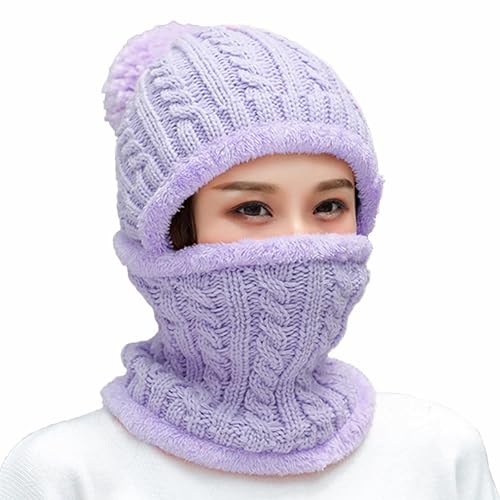 HUAMULAN Women Winter Knit Beanie Hats One Piece Fleece Lined Balaclavas - color: Light Purple