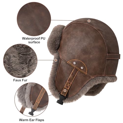 Peicees Leather Aviator Hat and Goggles Vintage Pilot Cap- Winter Fur Hat with Earflaps Pilot Costume Adult Men Women - color: Deep Brown