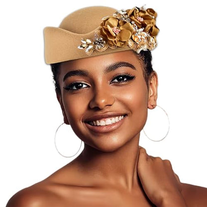 Women's Retro Stewardess Felt Hat, British Berets, Rhinestone Flower Decor, Ladies' Church Derby Hat - color: Khaki