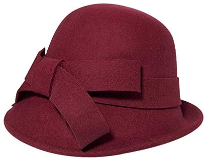Bellady Women Solid Color Winter Hat 100% Wool Cloche Bucket with Bow Accent - color: Dark Red