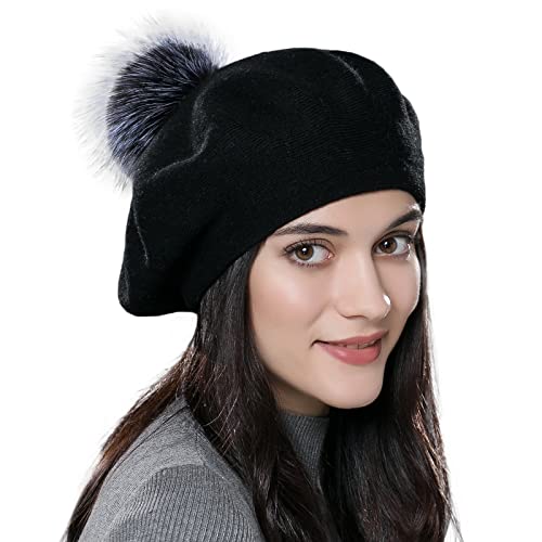 Womens Winter Beret Hat Knitted Beanie Cap Autumn Winter Hat French Classic Beret - color: Black+sliver Fur Pom