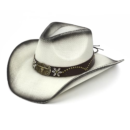 FLUFFY SENSE. Straw Cowboy Hat for Women and Men – Western Sun Hat for Country Concert, Rodeo and Cowgirl Outfits - color: Ash White Longhorn Skull