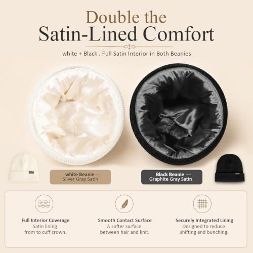 2 Pack Satin Lined Beanies for Men and Women Warm Cuffed Winter Hats - color: Black+white