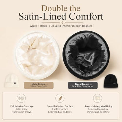 2 Pack Satin Lined Beanies for Men and Women Warm Cuffed Winter Hats - color: Black+white
