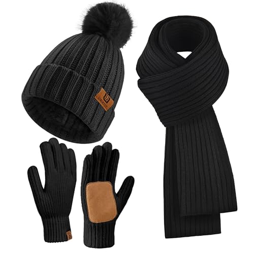 Uerymit Womens Winter Beanie Hat Scarf Gloves Set Warm Knit Beanie with Pom Pom Long Scarf Touchscreen Gloves 3 in 1 Set - color: Black