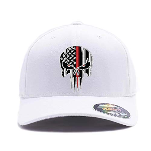 G&B Red Thin Red/Blue Line Spartan Helmet & Distressed Skull Flex Baseball Cap. Embroidered. 6277/6477 Flex Baseball Hat - color: White 2, size: Small-Medium