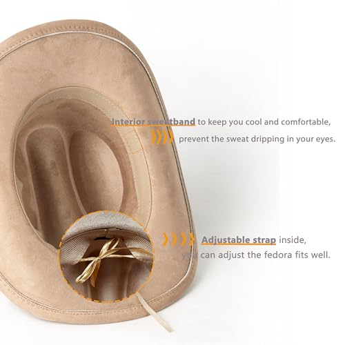Western Cowboy Hat for Women Men Retro Suede Hat - color: Camel-small Flower Belt