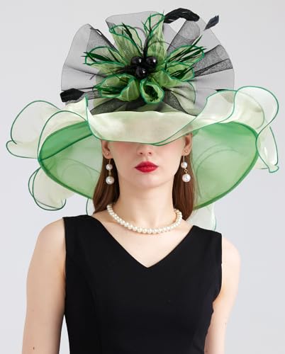 Women Organza Derby Hat Fascinator Tea Party Wedding Church Derby Hat Fascinator Hats Dual-use - color: 02b Light Green
