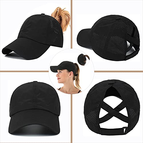Womens Ponytail Hat Baseball Cap, Adjustable Criss Cross Baseball Cap High Bun Unisex Quick Drying Trucker Hats - color: Zblack