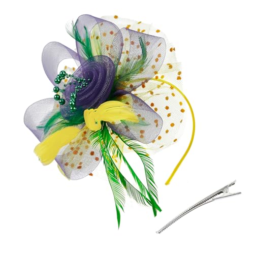 Century Star 2026 Kentucky Hat Derby Fascinator for Women Tea Party Flower Mesh Ribbons Feathers Headband Hair Clips - color: Green Yellow Purple
