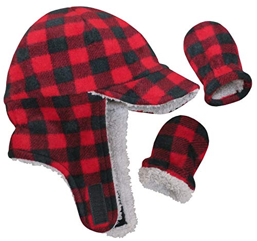 N'Ice Caps Toddler Baby Boys Flap Hat Mitten Set Fleece Sherpa Lined - color: Red, size: 6-18 Months