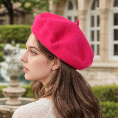 Women's Wool Beret: 70% Wool French Hat for Daily, Lightweight & Chic Berets for Women - color: Rose Red