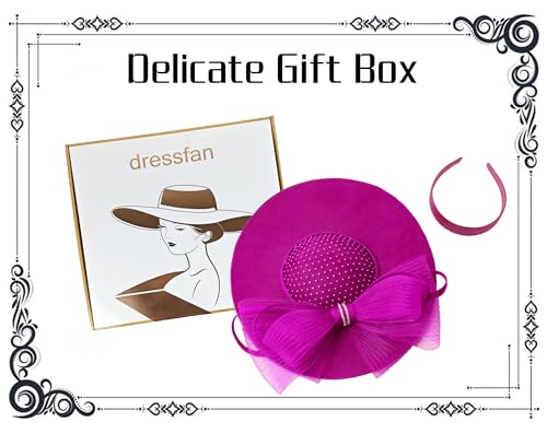 dressfan Wide Brim Fascinator Hats for Women,20s Linen Rhinestones Bow Big Hat for Derby Church Wedding Tea Party - color: Fushia