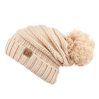 Hatsandscarf CC Exclusives Unisex Oversized Slouchy Beanie with Pom (HAT-100POM) (Amazon New Beige)