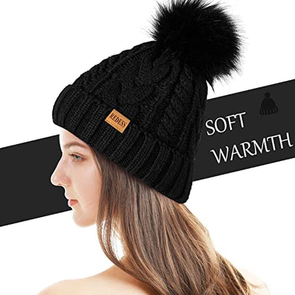 REDESS Women Winter Pompom Beanie Hat with Warm Fleece Lined Thick Slouchy Snow Knit Hat Skull Ski Cap - color: Black