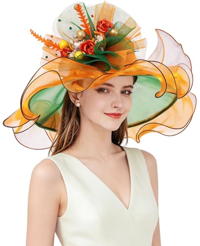 Z&X Women Organza Church Derby Hat Wide Brim Sun Hats for Wedding Tea Party Fascinator Hat, Dual-use - color: 020 Orange and Green