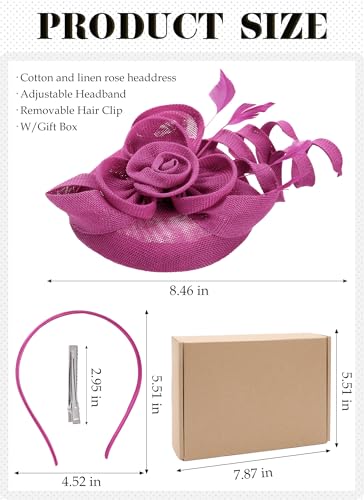 Zinniday 2026 Victoria Derby Fascinator - Kentucky Church Hats 1920s 50s Vintage Tea Party Hat with Hair Clip for Women - color: Rose Red