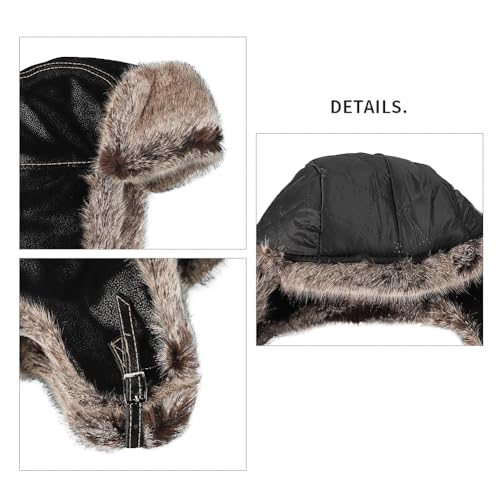 Men Trapper Hat Faux Leather Fur Winter Earflap Russian Trooper Ushanka Hat Women Fluffy Warm Soft Aviator Cossack Skiing Cap - color: Black