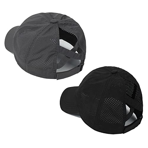 Womens Criss Cross Ponytail Hat Quick Drying Baseball Cap Sun Hats UV Protection Sport Cap - color: (2-pack)black/Dark Grey