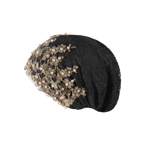 haozaikeji Women Flower Turban Hat Rhinestones Muslim Islamic Head Wrap African Pearl Turban Soft Stretchy Head Cover - color: Black