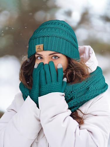 LOROME Winter Beanie Hat Scarf Gloves, Warm Fleece Knit Neck Scarf Set Gift - color: Blue Green