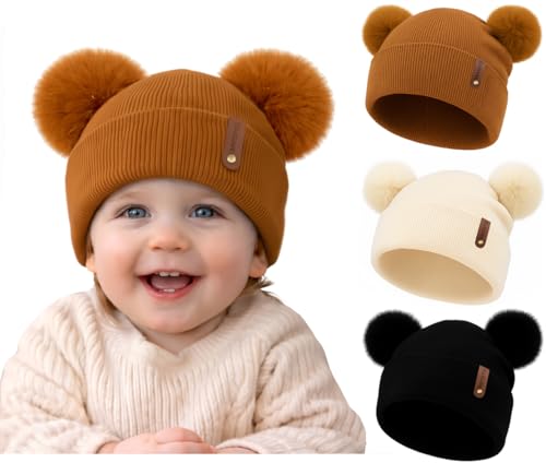 Toddler Winter Beanie Hats 3 Pack – Double Pom Pom Soft Knitted Hats for Baby Boys Girls 6–36 Months - color: Beige+black+caramel