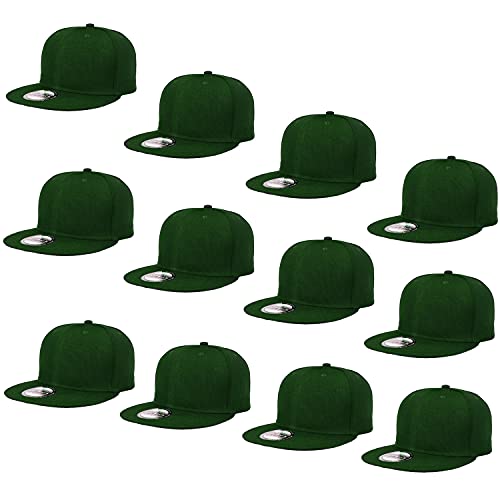 Falari Wholesale 12 Pack Snapback Hat Cap Hip Hop Style Flat Bill Blank Solid Color Adjustable Size - color: 12-pack Hunter Green