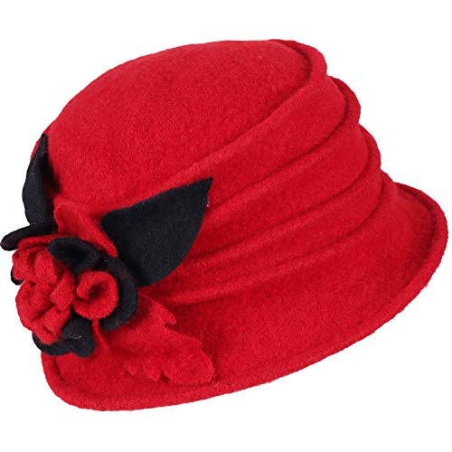 Vintage Women Floral Wool Dress Cloche Winter Hat 1920s - color: C020-d-red