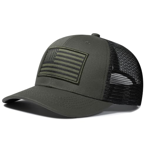 American Flag Trucker Hat, Patriotic Baseball Cap for Men & Women, Breathable Mesh Adjustable Snapback, USA Flag Patch - color: Olive/Black