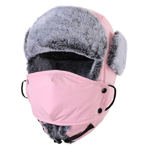 Connectyle Trapper Hat for Men Women Faux Fur Trooper Trapper Winter Hat with Ear Flaps Waterproof Ushanka Hunting Hats - color: Pink