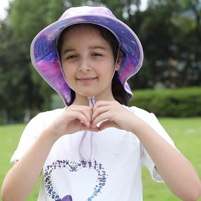 icolor Kids Sun Hat UPF50+ Sun Protection Bucket Hat Toddler Summer Beach Play Hats with Neck Flap for Girl Boy Ages 3~10 - color: Pinkgalaxy
