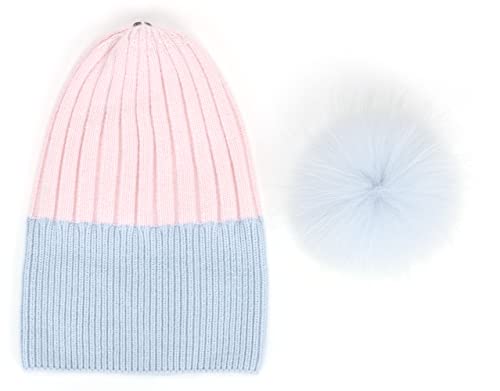 Women's Winter Ribbed Cuffed Beanie Skull Cap with Genuine Raccoon Fur Pom - color: Pink Blue