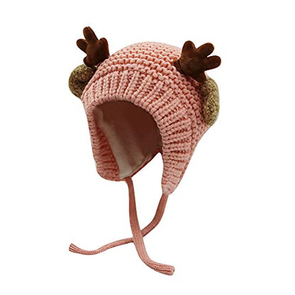 AIBEARTY Cute Deer Elk Antlers Baby Hat Winter Warm Plush Knitted Ear Warmer Bonnet Boys Girls Cap Beanie with Chin Strap - color: Pink