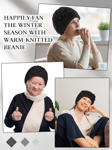 Bencailor 4 Pcs Winter Hats for Women Floral Knitted Beanie Warm Ladies Caps Flannelette Lined Middle Aged and Old Women - color: Black