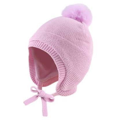 JANGANNSA Basic Winter Baby Boy Beanie Pompom Knit Girl Hat Kid Earflap Cap - color: Magenta Hat, size: 2-5T