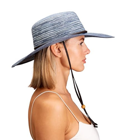 Sloggers Women's Wide Brim Braided Sun Hat with Wind Lanyard - UPF 50+ Maximum Sun Protection - color: Blue