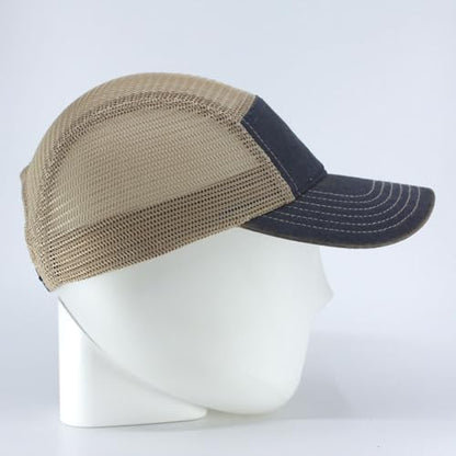 Washed Cotton Twill Five Panel Adjustable Camper Caps - color: Dirty Wash Navy/Khaki Mesh