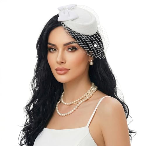 Fascinator Hat for Women Veil Fascinators Tea Party Wedding Retro Pillbox Hats for Cocktail Dresses Accessories - color: White