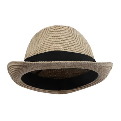 Kids Fedora Hat Panama Trilby Hat Sun Straw Hats Jazz Short Brim Roll Up Summer Beach Cap for Boys Girls 2-7 Years - color: Beige
