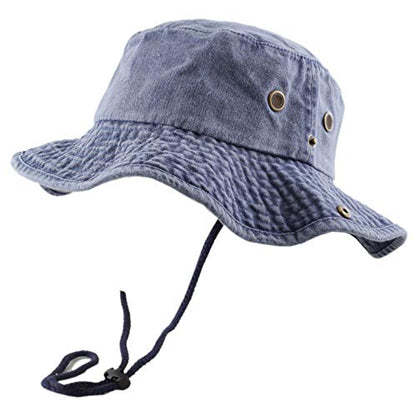 The Hat Depot Cotton Stone-Washed Safari Wide Brim Foldable Double-Sided Sun Boonie Bucket Hat - color: 3. Pigment - Blue, size: Small-Medium
